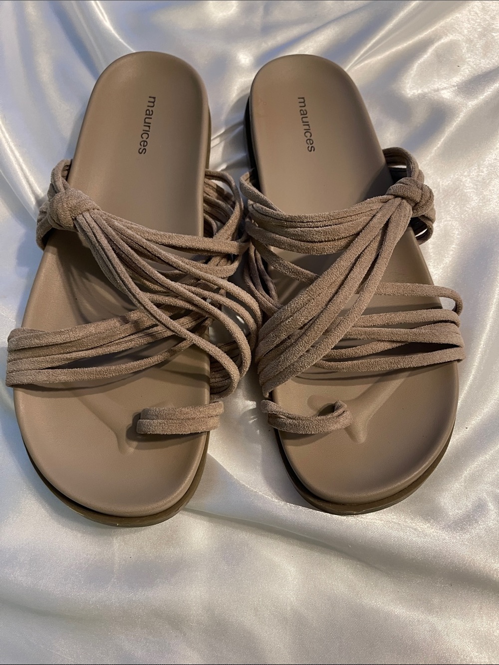 Maurices Taupe Strappy Slide Sandals with Knotted Suede Straps